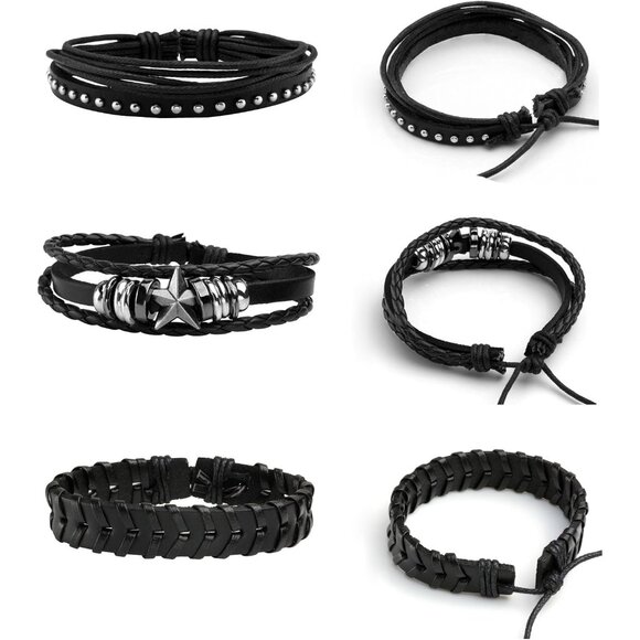 6Pcs Punk Leather Bracelets Women Men Braided Skull Accessories Adjustable - Picture 3 of 7